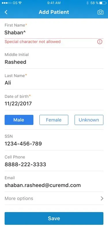 Add Patient — inline validation catches bad input at entry