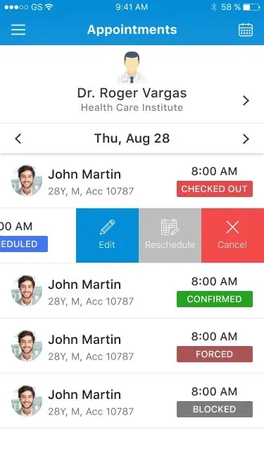 Swipe an appointment — edit, reschedule, cancel