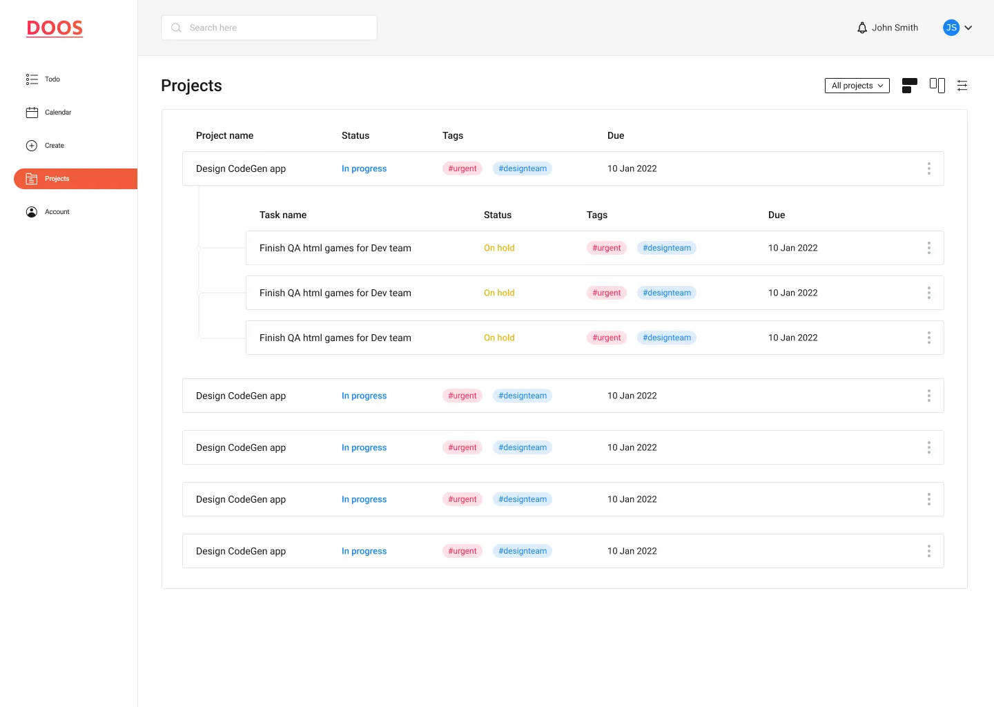 DOOS on web — projects with nested tasks, status, tags and due dates