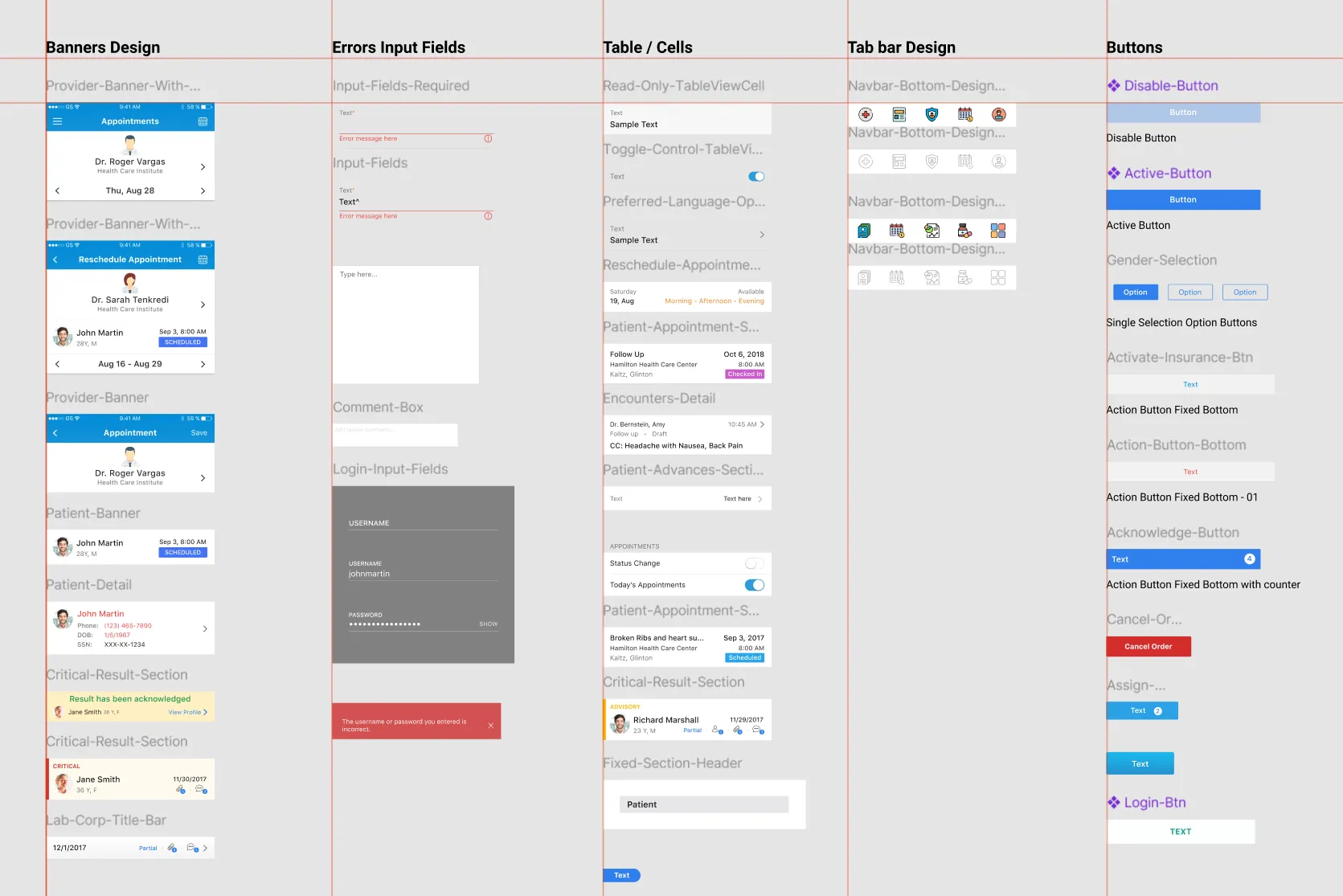 Avalon design system — banners, error and input fields, table cells, tab bars and buttons