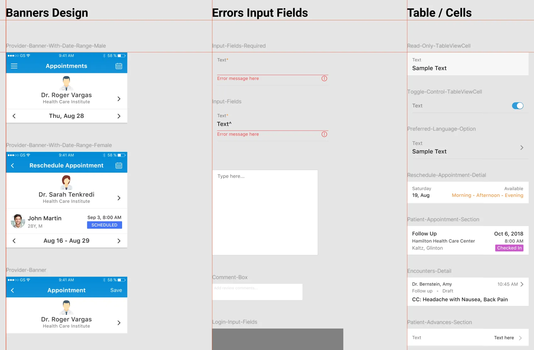 Avalon design system detail — banner variants, input and error states, table-cell patterns