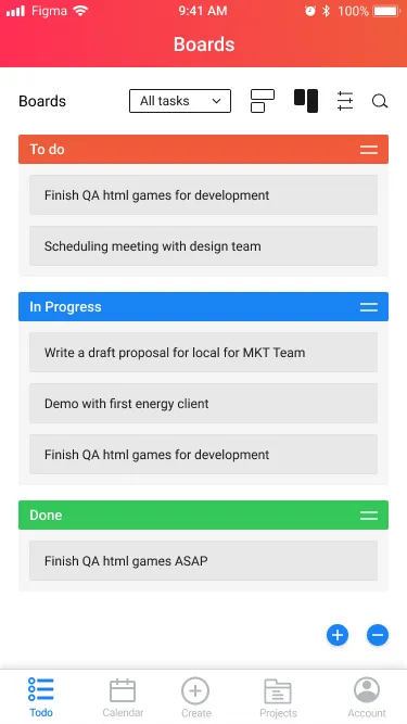 Board — colour-coded columns, stacked for mobile