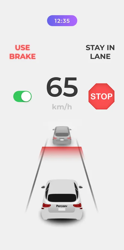 Main screen — speed, sign, and a forward-collision brake cue