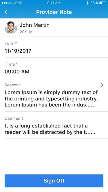 Write state — patient, date, time, reason, comment, and one Sign Off action