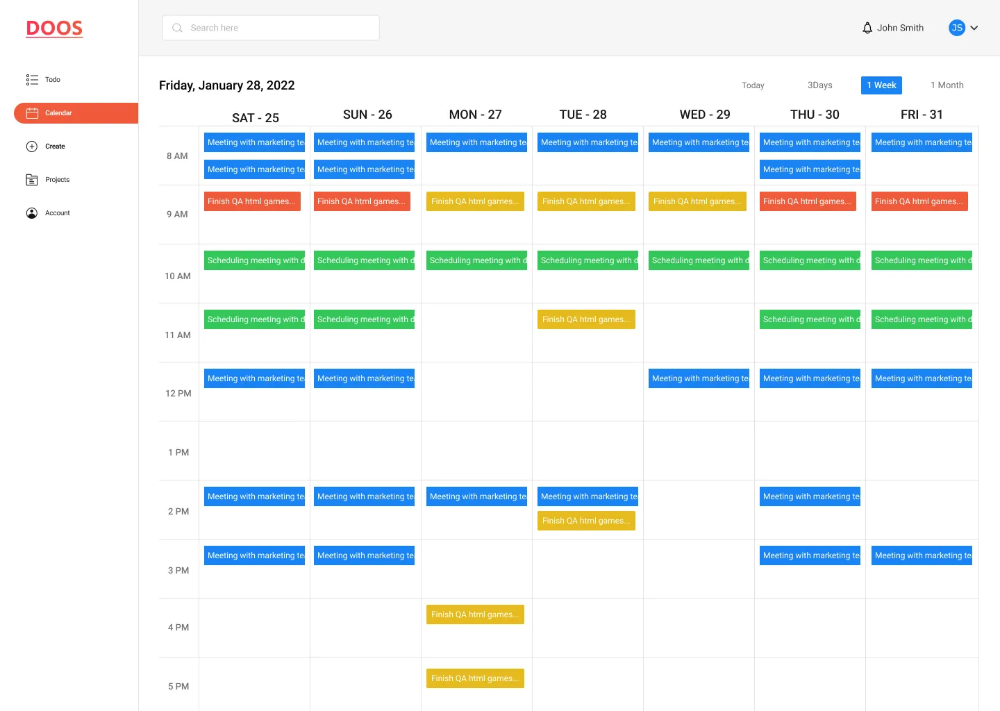 Calendar — workload over a week, colour-coded by type