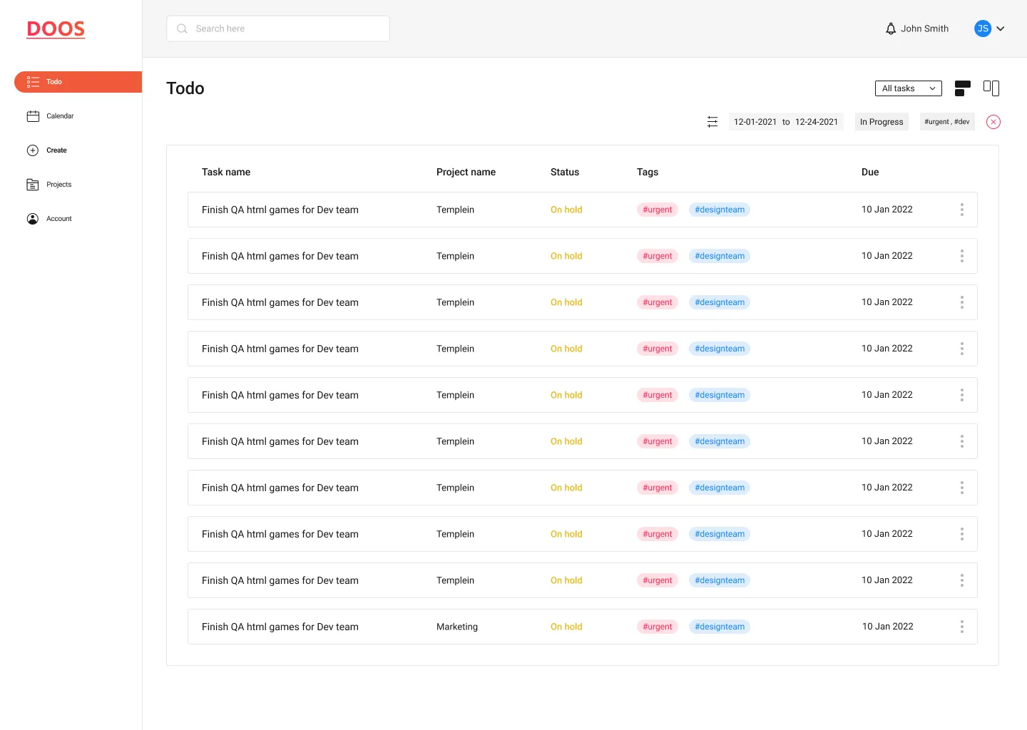 List view — tasks with status, tags, filters