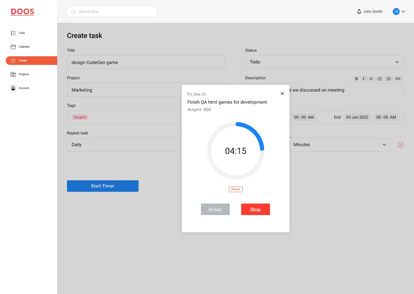 The timer on web: work and break against a task, in the same colours as mobile